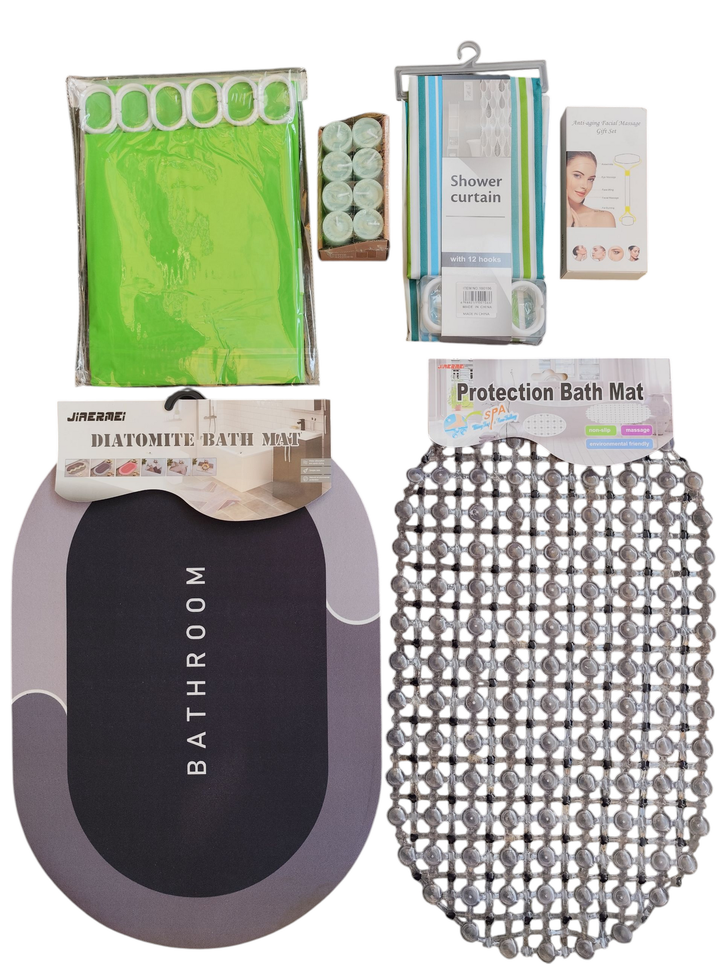 Set de Baño Cortina Forro , piso , ducha, velas , masajeador