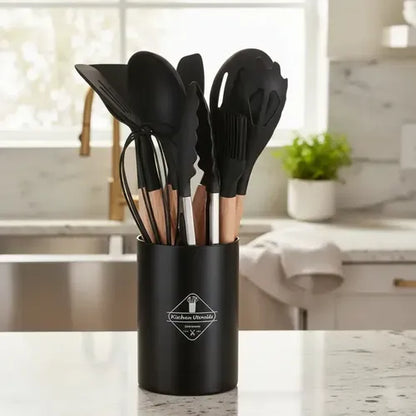 Set X12 Kit Utensilios De Cocina Mango Madera Punta Silicona