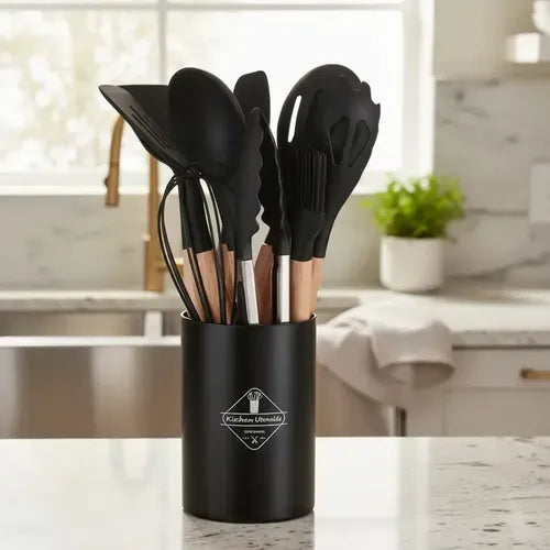 Set X12 Kit Utensilios De Cocina Mango Madera Punta Silicona