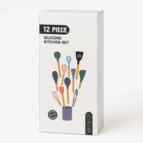 Set X12 Kit Utensilios De Cocina Mango Madera Punta Silicona