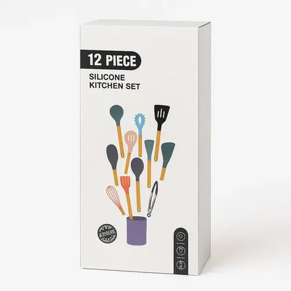 Set X12 Kit Utensilios De Cocina Mango Madera Punta Silicona