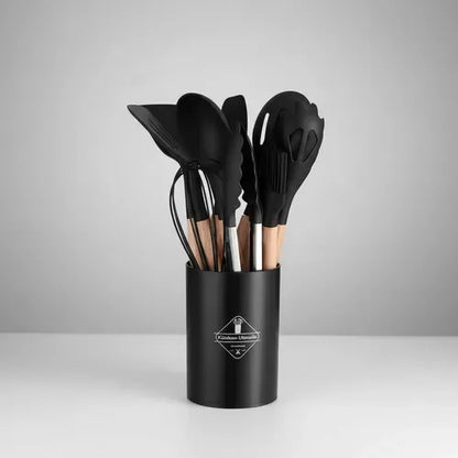 Set X12 Kit Utensilios De Cocina Mango Madera Punta Silicona